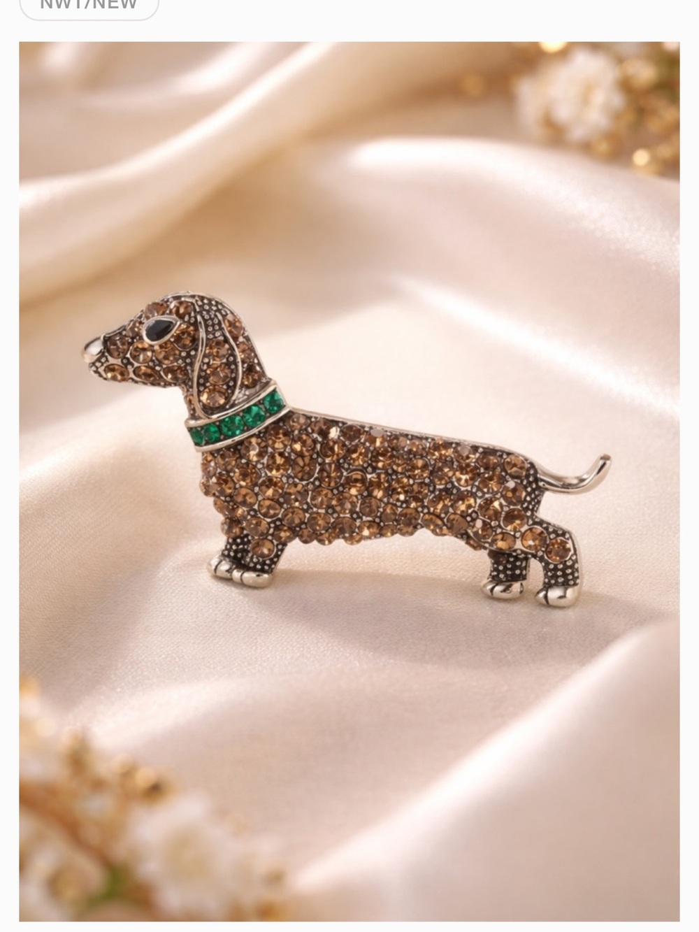 Anthropologie Brown Crystal Dachshund Brooch Green Crystal Collar NWT